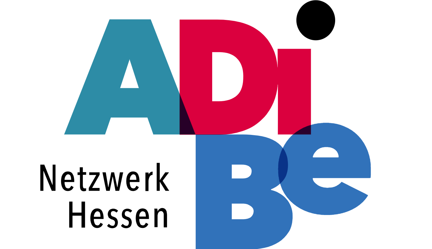 Logo des Antidiskriminierungsnetzwerk Hessen: Rechts in großen Buchstaben in blau und rot "ADiBe". Links unten steht in kleinerer, schwarzer Schrift "Netzwerk Hessen".