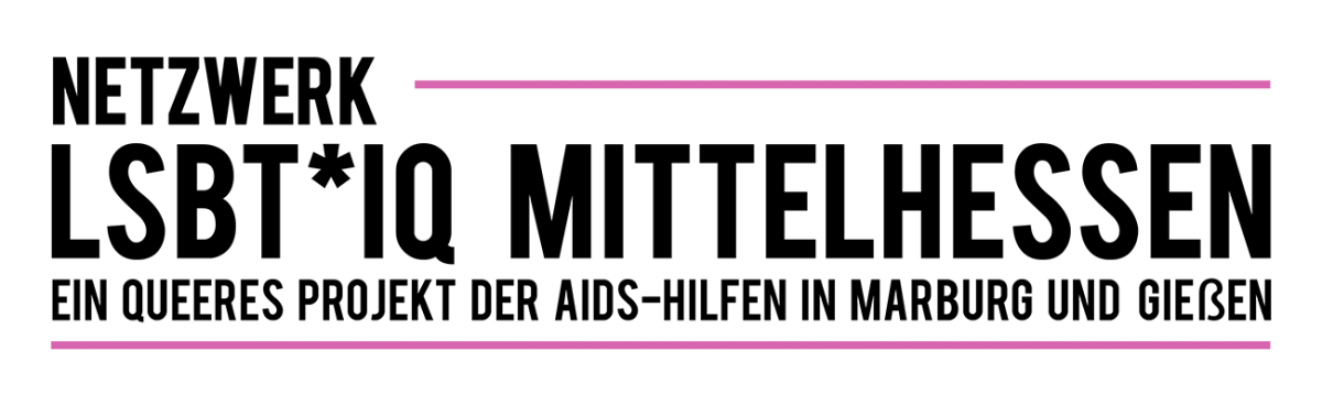 Logo des LSBT*IQ Netzwerk Mittelhessen: Zwischen zwei pinken, horizontalen Strichen in schwarzer Druckschrift: "Netzwerk LSBT*IQ Mittelhessen, ein queeres Projekt der AIDS-Hilfen Marburg und Gießen".