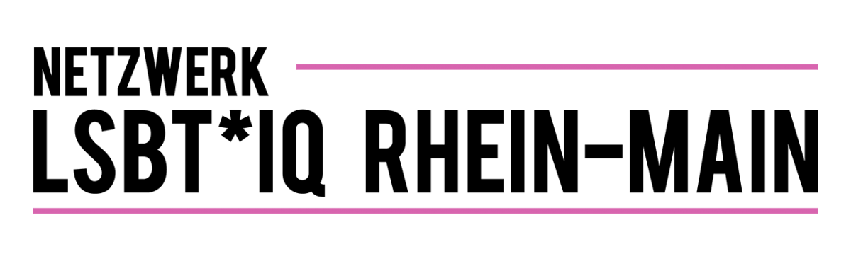 Logo des LSBT*IQ Netzwerk Rhein-Main: Zwischen zwei pinken, horizontalen Strichen in schwarzer Druckschrift: "Netzwerk LSBT*IQ Rhein-Main".