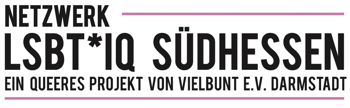 Logo des LSBT*IQ Netzwerk Südhessen: Zwischen zwei pinken, horizontalen Strichen in schwarzer Druckschrift: "Netzwerk LSBT*IQ Südhessen, ein queeres Projekt von vielbunt e.V. Darmstadt".